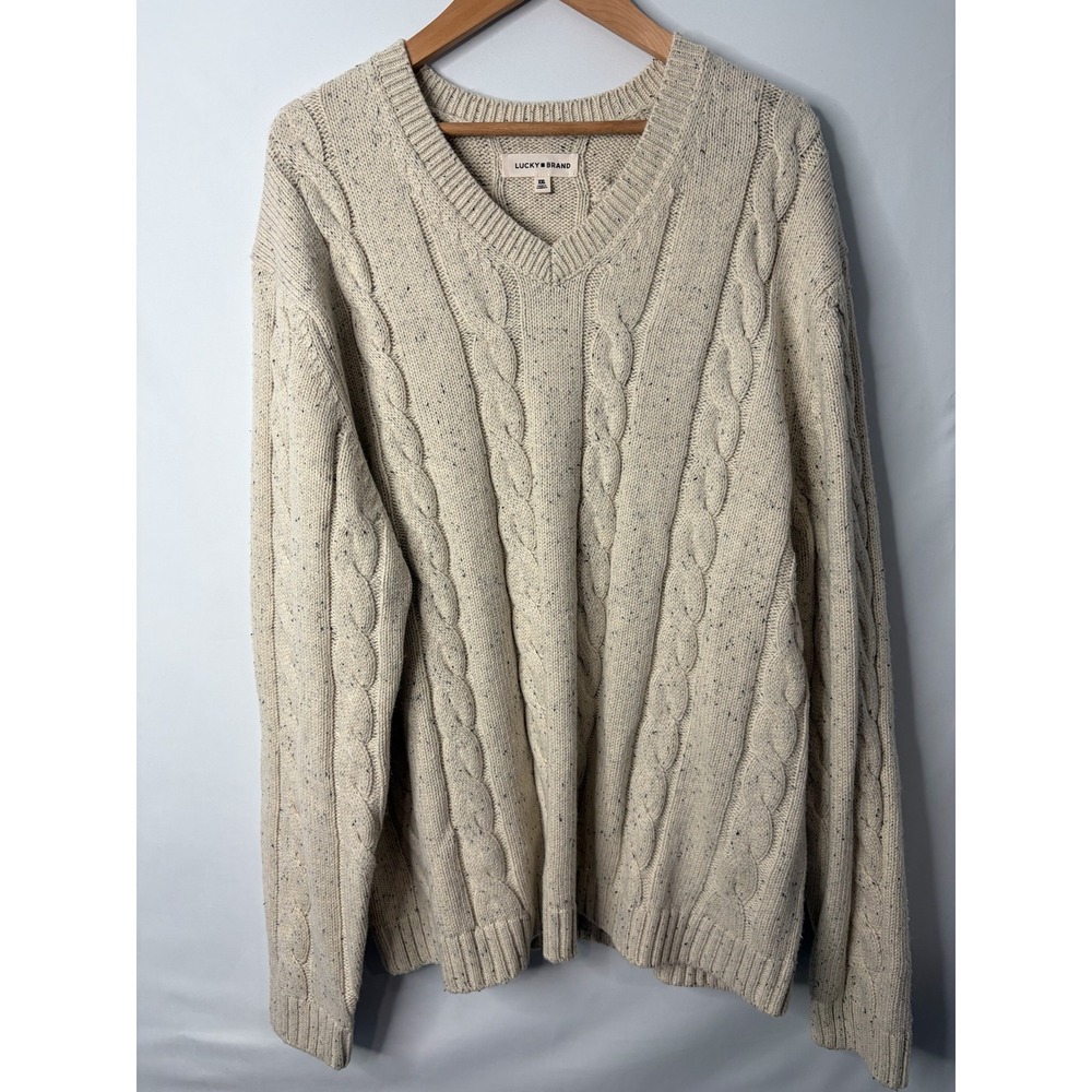 Lucky Brand Oatmeal Speckled Cable Knit V-Neck Sweater Mens XXL Fisherman Chunky